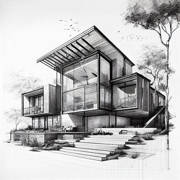 Architectural sketch of a modern minimalist villa design