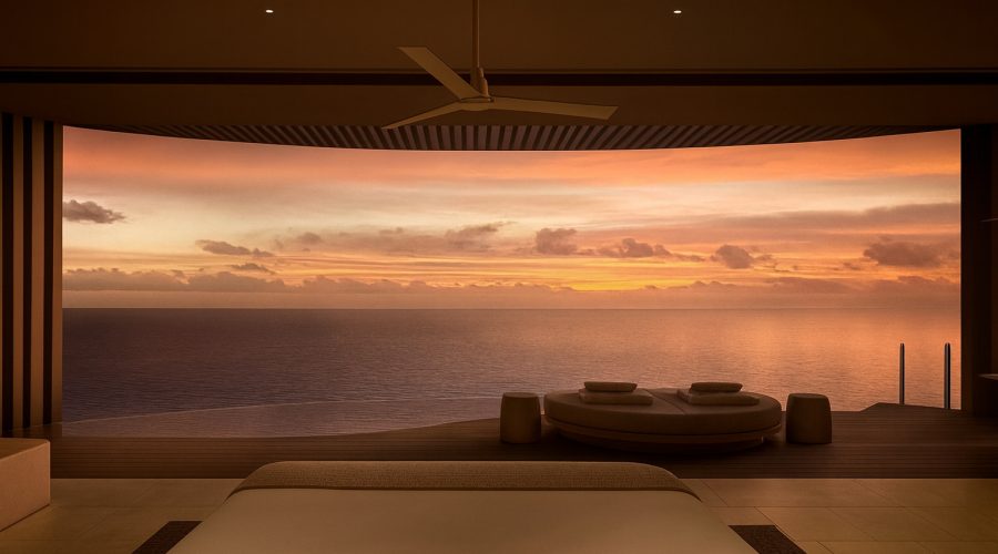 Luxury bedroom overlooking sunset ocean view, minimalist interior